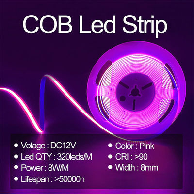 High Brightness COB Led Strip Light CE RoHs IP20 Ra90 8mm Width 12V 24V 320Leds Pink