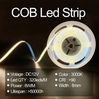 8mm Width 12V 24V 3000K Warm COB Led Strip Light CE RoHs IP20 with 50000 Hours Lifespan