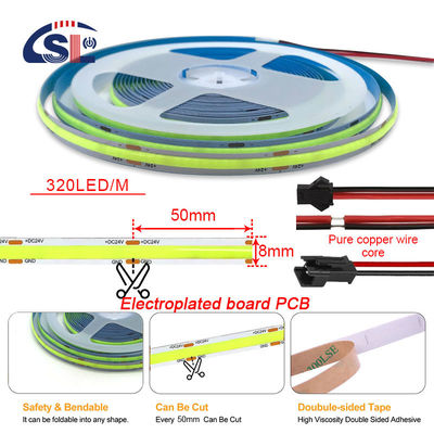 Waterproof Green Flexible Strip Light High Density COB LED CE RoHs IP20 Ra90 8mm Width 12V24V 320Leds