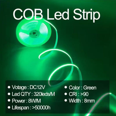Waterproof Green Flexible Strip Light High Density COB LED CE RoHs IP20 Ra90 8mm Width 12V24V 320Leds