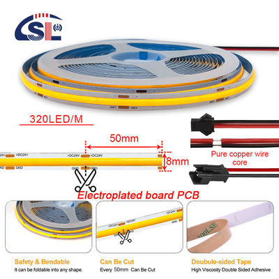 Hotel House COB LED Strip Light CE RoHs IP20 Ra90 8mm Width 12V 24V Golden Yellow