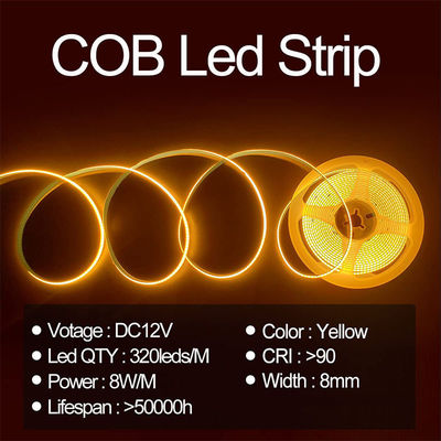 Hotel House COB LED Strip Light CE RoHs IP20 Ra90 8mm Width 12V 24V Golden Yellow
