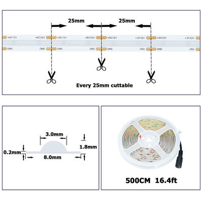 Lighting High Brightness DC12V24V 480leds 8mm Ice-Blue COB Led Strip Light with 3-