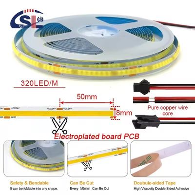 Non-waterproof 24v COB 320Ds 8mm Ra 80 CCT Tri-color Cob  LED Light Strip