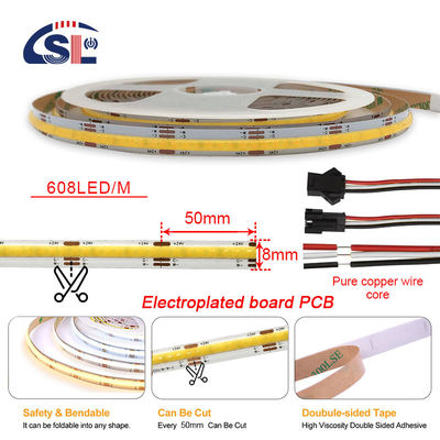 Electroplate COB 24v COB 608Ds 8mm Ra 85 LED Light Strip 3000K-6500K Ideal for Residential