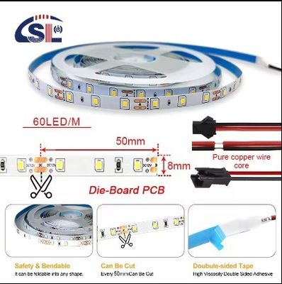 DC12V SMD2835 60D 8mm 1100-1200LM 12000K Ra70 Die-Cutting Board LED Light Strips for Smart Mirrors