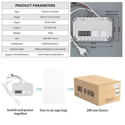 60W Mini Smart Mirror Touch LED Light Switch with Defogger DC12V Time and Temperature Display
