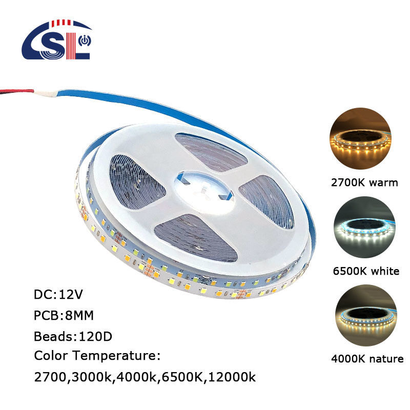 High brightness 12V 8mm 120leds SMD2835 Led Strip Light with Double-sided CCT Board